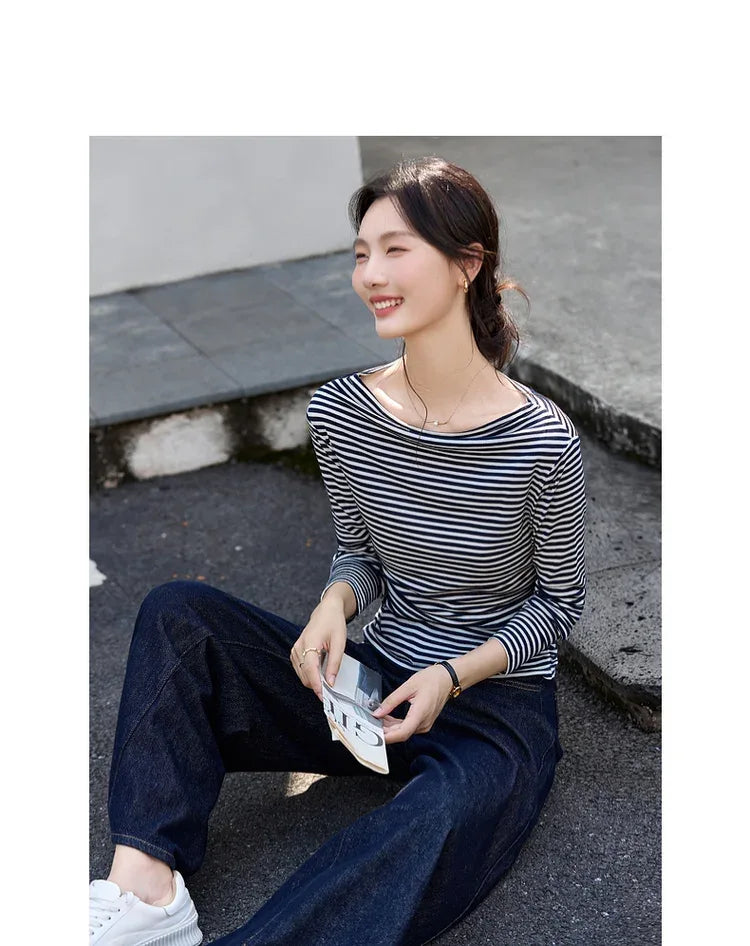 VIMLY Tops Woman 2025 Autumn French Slash Neck Long Sleeve Ladies T-shirts Casual Knitted Slim Fit Strecth Female Tees A3039
