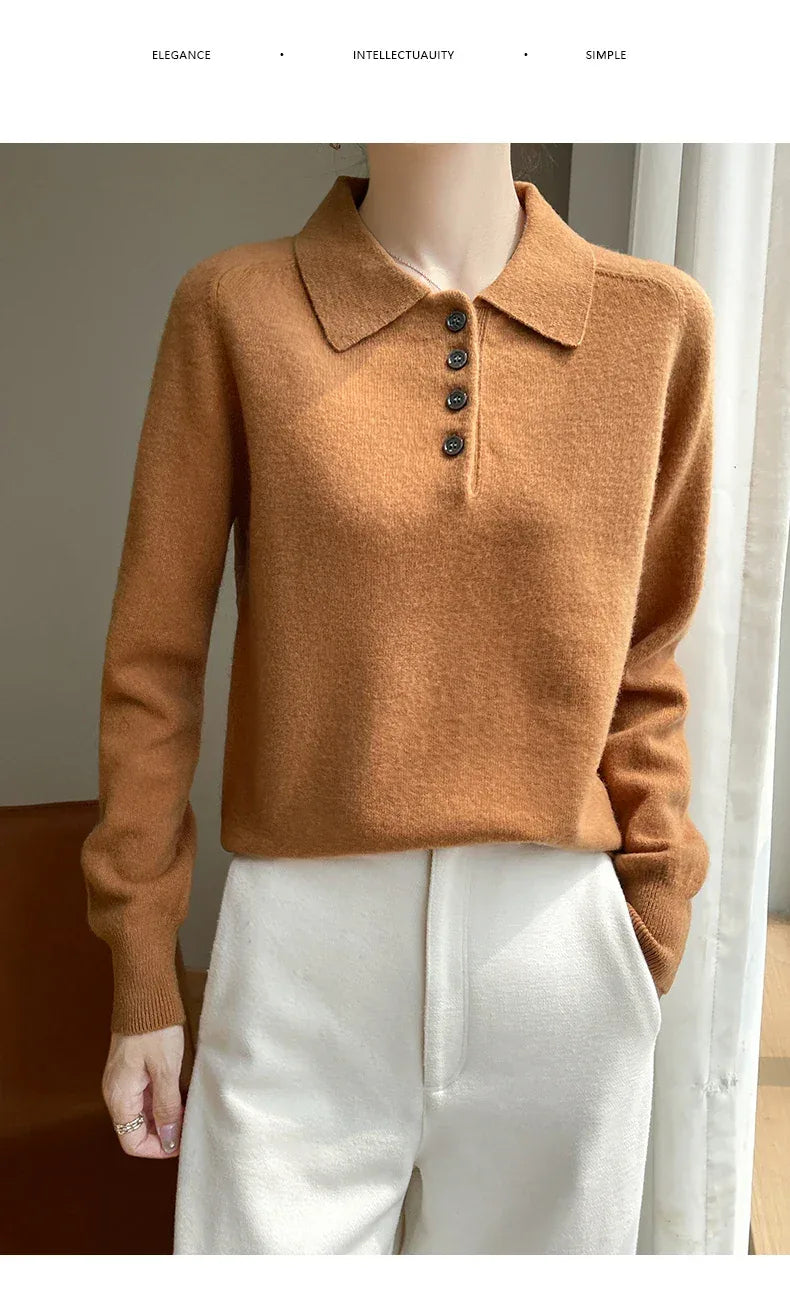 Polo Neck Pullover 100% Merino Wool Women's Solid Color Knit Top Fashion Korean Sweater Autumn and Winter Women's Clothes