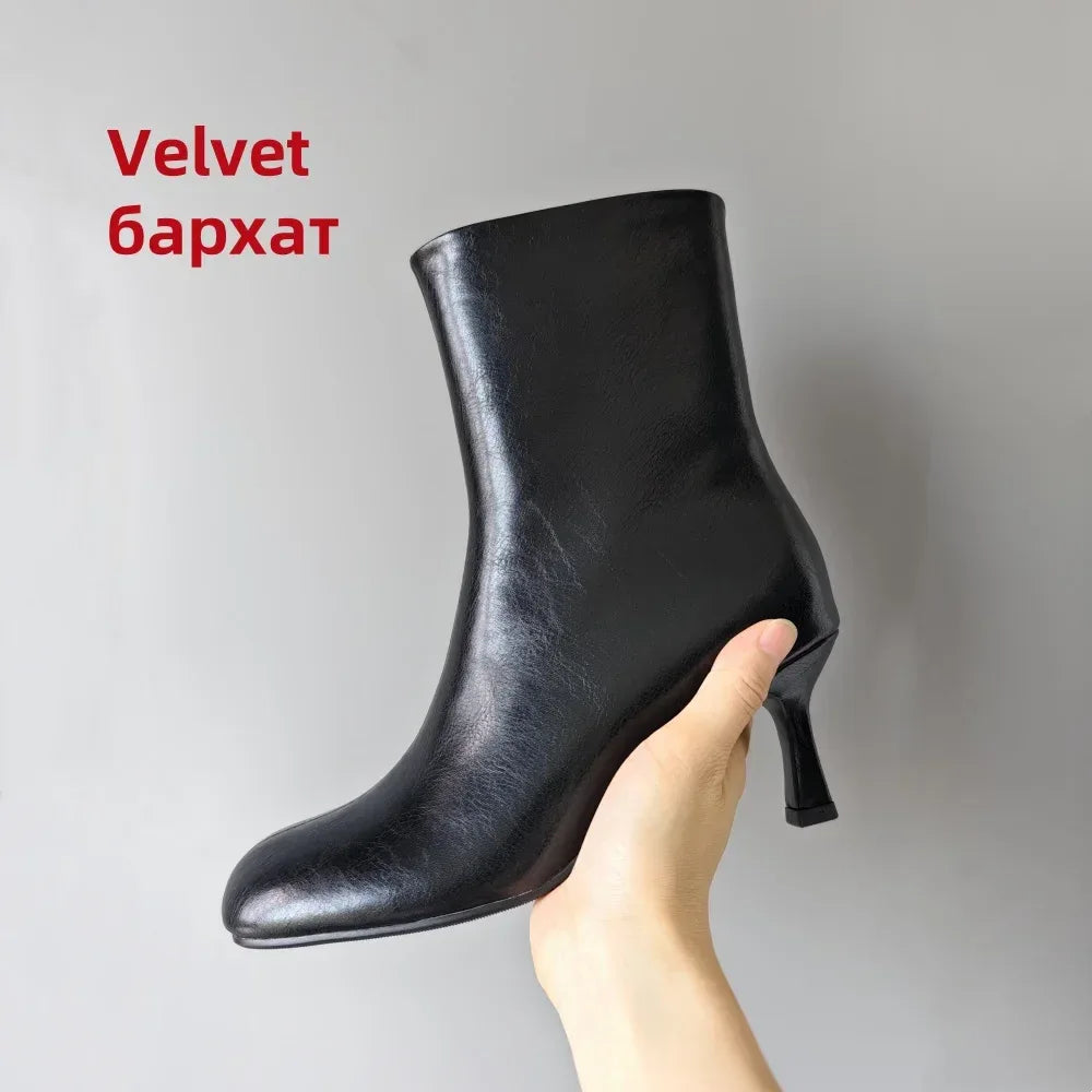 FEDONAS Fashion Women Genuine Leather Thin High Heels Warm Autumn Winter Ankle Boots Round Toe Short Elegant Short Boots Shoes