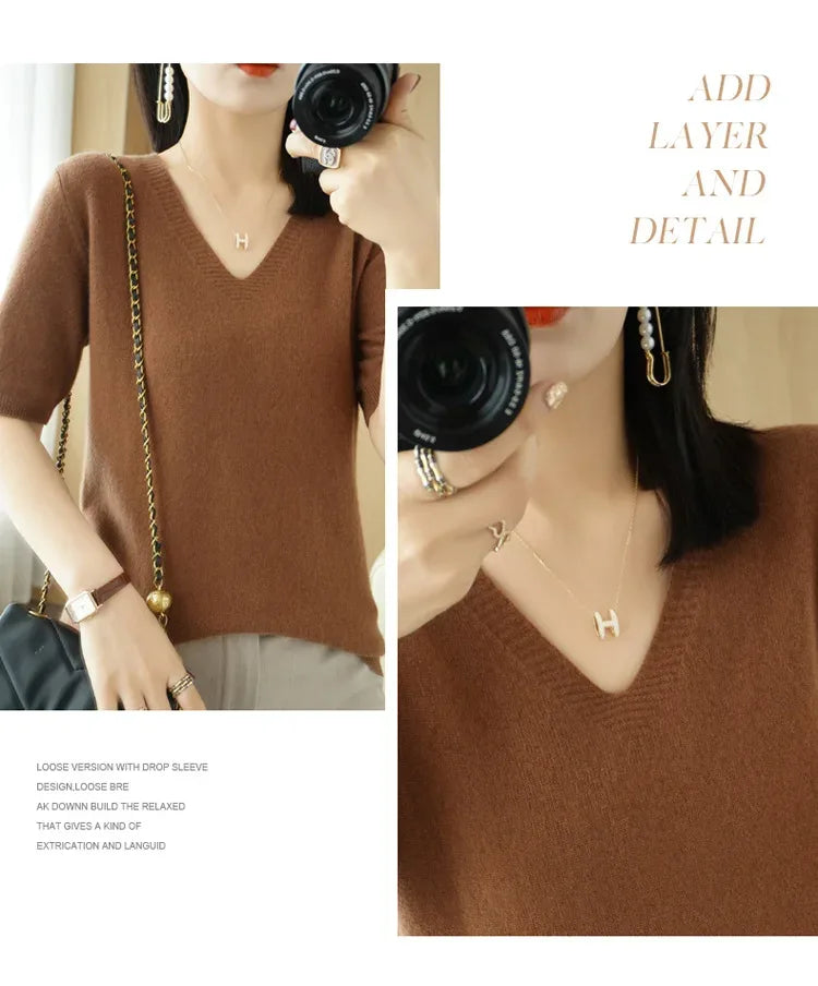 Spring/Summer 2025 Ladies Sweater Pullover Solid Color V-neck Half-sleeved Knitted Cashmere Sweater Thin Casual Top