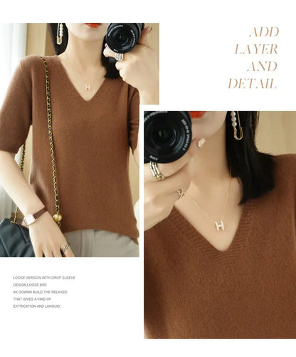 Spring/Summer 2025 Ladies Sweater Pullover Solid Color V-neck Half-sleeved Knitted Cashmere Sweater Thin Casual Top