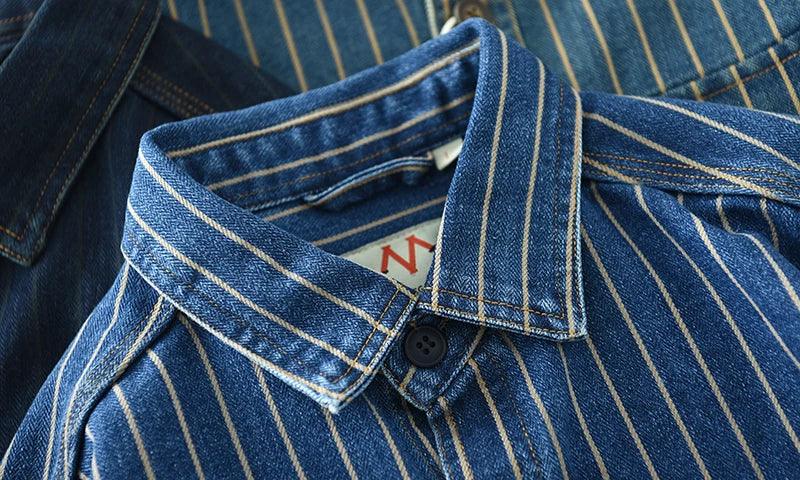 Retro Japanese Sle Men's Denim irt Cotton Long Sve Waed Striped Workwear Loose Fit Outerwear Faion Urban Youth