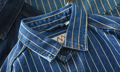 Retro Japanese Sle Men's Denim irt Cotton Long Sve Waed Striped Workwear Loose Fit Outerwear Faion Urban Youth