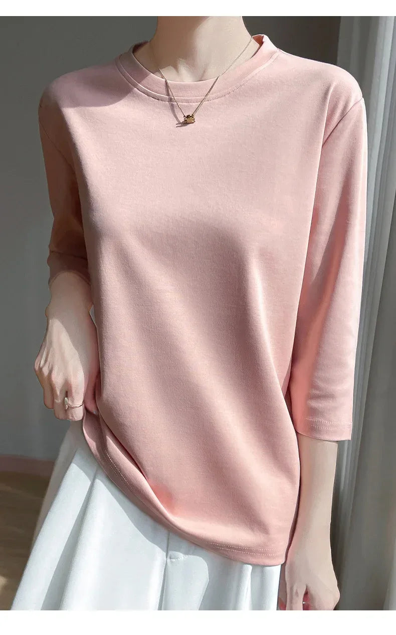 Mercerized Cotton Cropped Sleeve Female Spring And Summer 2023 New Round Neck Loose 100% Cotton Short Sleeve Bottoming T-Shirt