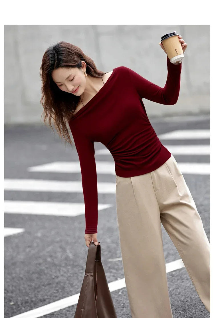 VIMLY Tops Woman 2025 Autumn French Slash Neck Long Sleeve Ladies T-shirts Casual Knitted Slim Fit Strecth Female Tees A3039