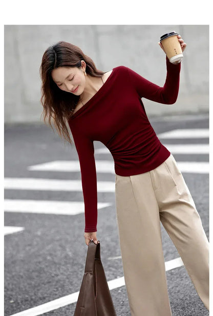VIMLY Tops Woman 2025 Autumn French Slash Neck Long Sleeve Ladies T-shirts Casual Knitted Slim Fit Strecth Female Tees A3039