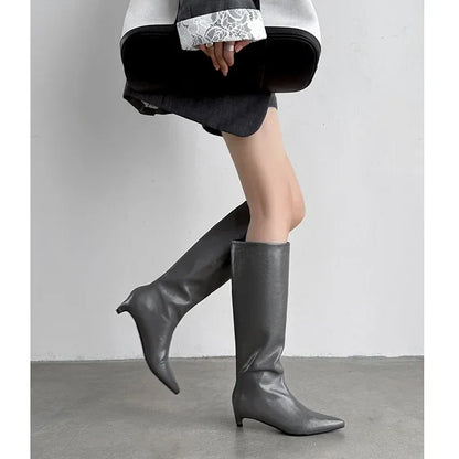 QUTAA News Fashion Winter Women Knee High Boots Pointed Toe Woman Shoes Low Kitten Heels Cow Leather Long Boots Dress Size 34-43