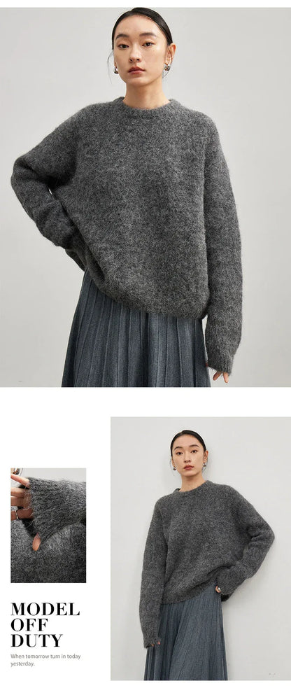 SuyaDream Warm Alpaca Pullovers for Woman, Dropped Sleeved Loose Sweaters, 2025 Fall Winter Top, Camel, Beige