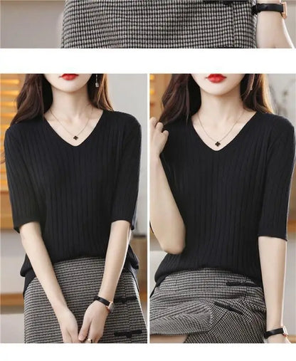 2025 New Spring Summer New Women's V-neck Short-Sleeved Exquisite Cashmere Knitted Sweater Pullover Solid Color