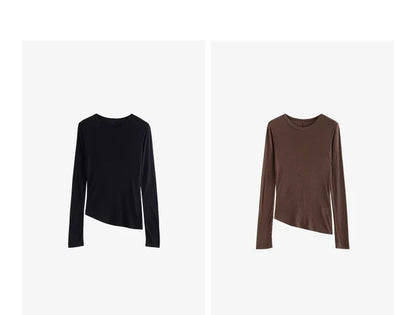 TOYOUTH Women T-shirt  2025 Autumn New Slanted Hem Lyocell Wool Slim Fit Long Sleeve Base Tops