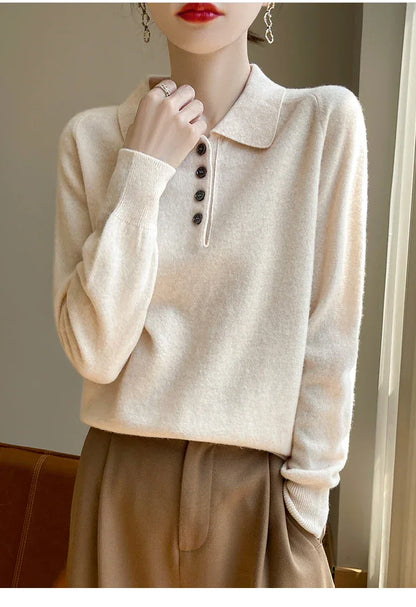 Polo Neck Pullover 100% Merino Wool Women's Solid Color Knit Top Fashion Korean Sweater Autumn and Winter Women's Clothes