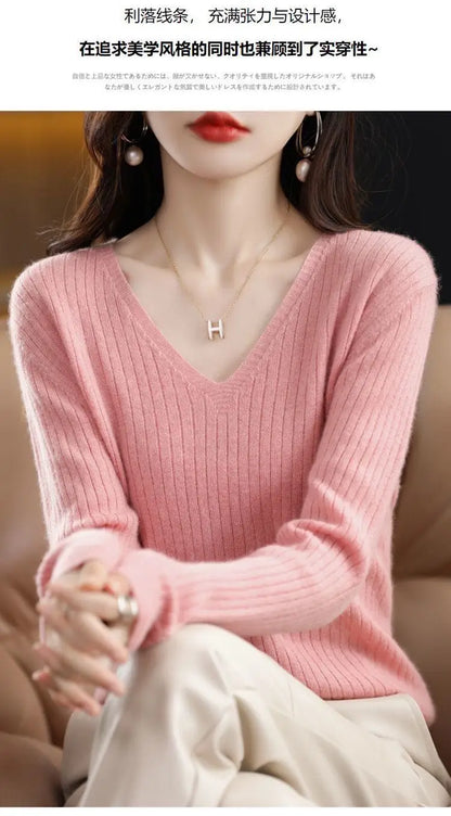 Chic Casual Autumn Winter Basic Sweater Pullovers Women V-neck Solid Knit Loose Pullover Female Long Sleeve Warm Khaki Sweater