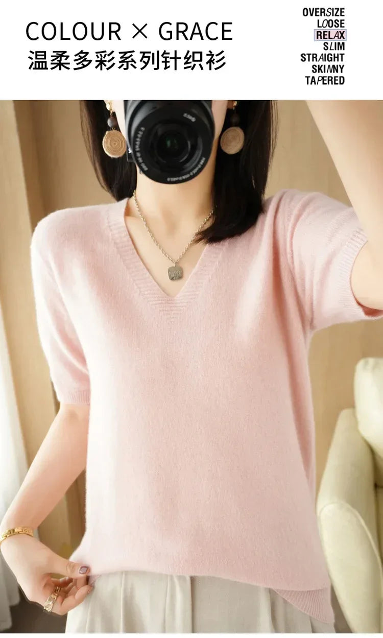 Spring/Summer 2025 Ladies Sweater Pullover Solid Color V-neck Half-sleeved Knitted Cashmere Sweater Thin Casual Top