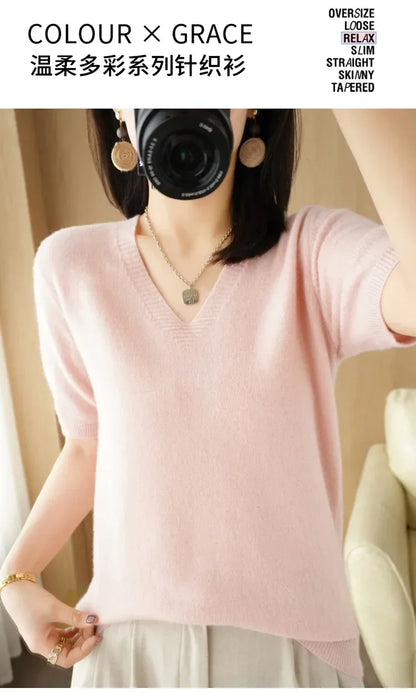 Spring/Summer 2025 Ladies Sweater Pullover Solid Color V-neck Half-sleeved Knitted Cashmere Sweater Thin Casual Top