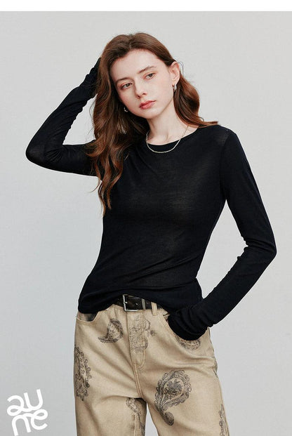 TOYOUTH Women T-shirt  2025 Autumn New Slanted Hem Lyocell Wool Slim Fit Long Sleeve Base Tops