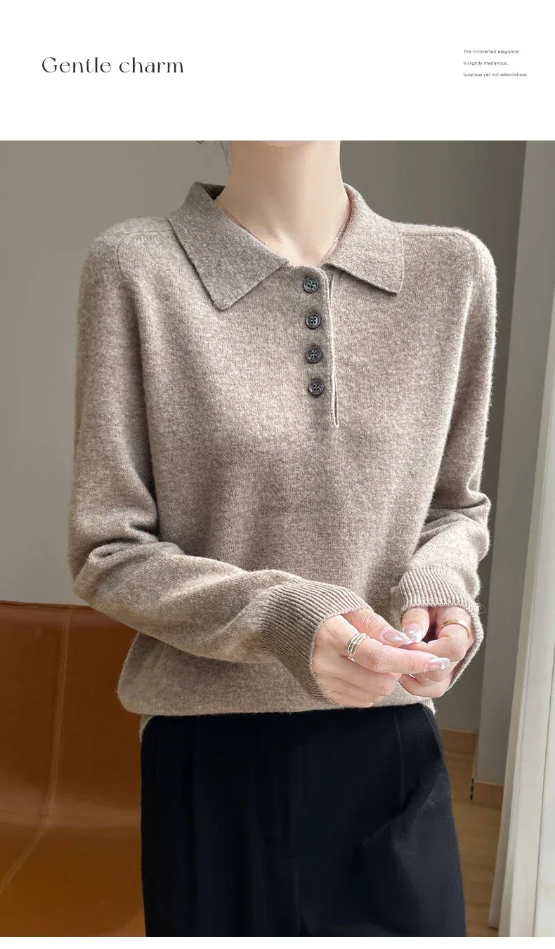 Polo Neck Pullover 100% Merino Wool Women's Solid Color Knit Top Fashion Korean Sweater Autumn and Winter Women's Clothes