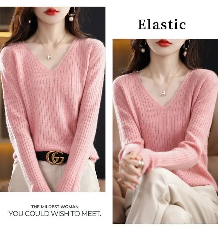 Chic Casual Autumn Winter Basic Sweater Pullovers Women V-neck Solid Knit Loose Pullover Female Long Sleeve Warm Khaki Sweater