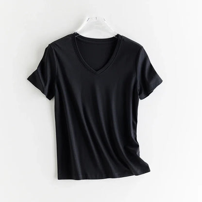 High-end New 10% Silk & Mercerized Cotton Women T-shirt Luxury Tee Short Sleeve Silky Feeling Summer Wear 2025 Tops V / O-neck