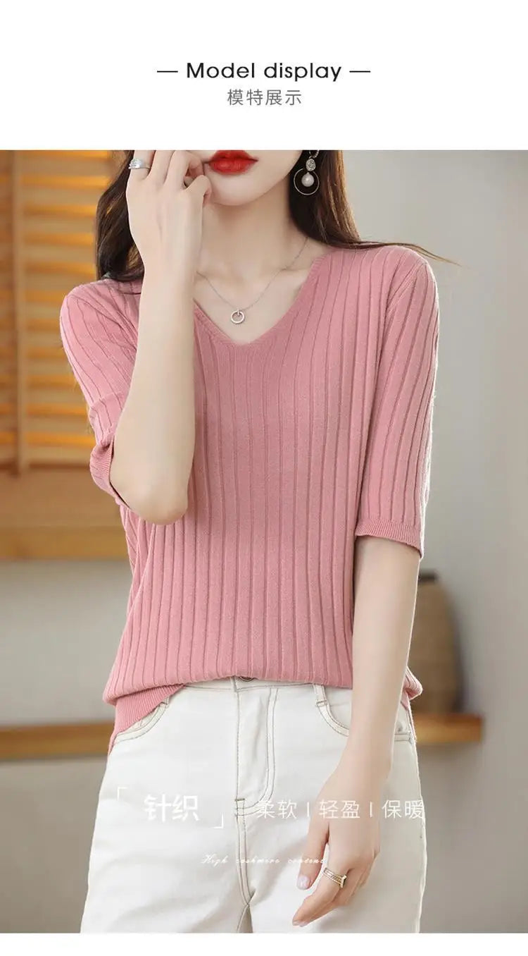 2025 New Spring Summer New Women's V-neck Short-Sleeved Exquisite Cashmere Knitted Sweater Pullover Solid Color