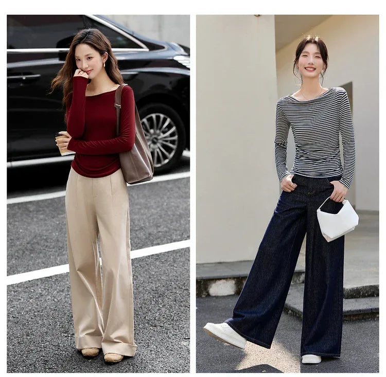 VIMLY Tops Woman 2025 Autumn French Slash Neck Long Sleeve Ladies T-shirts Casual Knitted Slim Fit Strecth Female Tees A3039