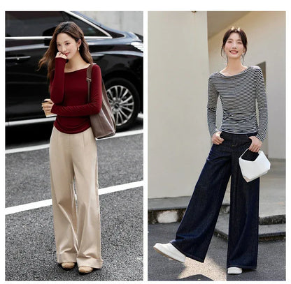 VIMLY Tops Woman 2025 Autumn French Slash Neck Long Sleeve Ladies T-shirts Casual Knitted Slim Fit Strecth Female Tees A3039