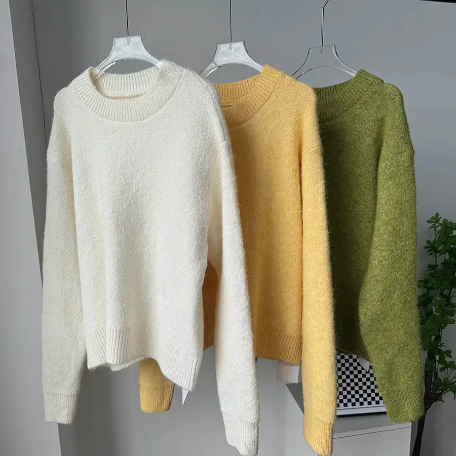Hirsionsan 2025 New Soft Loose V Or O Neck Knitted Sweaters Women Winter Solid Female Pullovers Warm Basic Knitwear Jumper