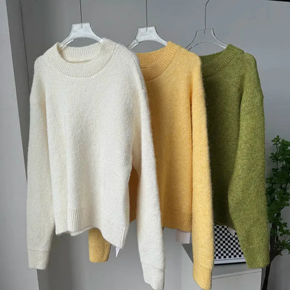 Hirsionsan 2025 New Soft Loose V Or O Neck Knitted Sweaters Women Winter Solid Female Pullovers Warm Basic Knitwear Jumper