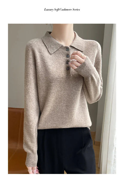 Polo Neck Pullover 100% Merino Wool Women's Solid Color Knit Top Fashion Korean Sweater Autumn and Winter Women's Clothes