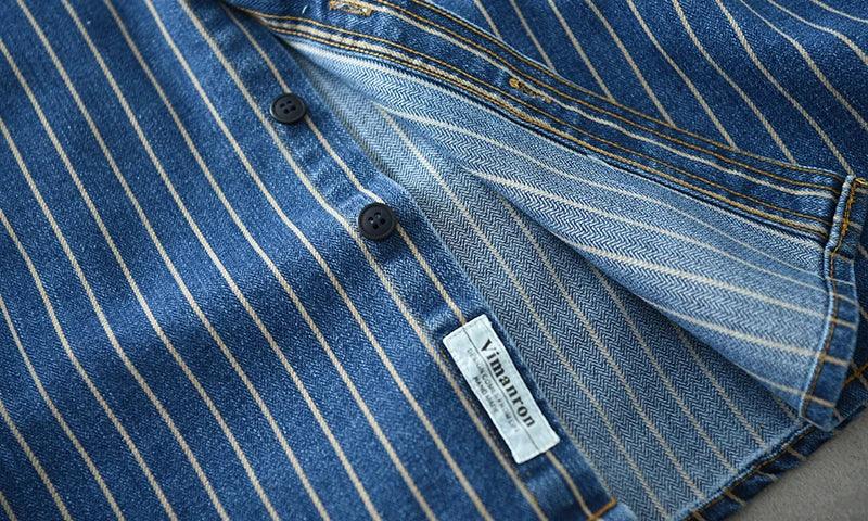 Retro Japanese Sle Men's Denim irt Cotton Long Sve Waed Striped Workwear Loose Fit Outerwear Faion Urban Youth