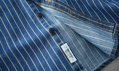 Retro Japanese Sle Men's Denim irt Cotton Long Sve Waed Striped Workwear Loose Fit Outerwear Faion Urban Youth