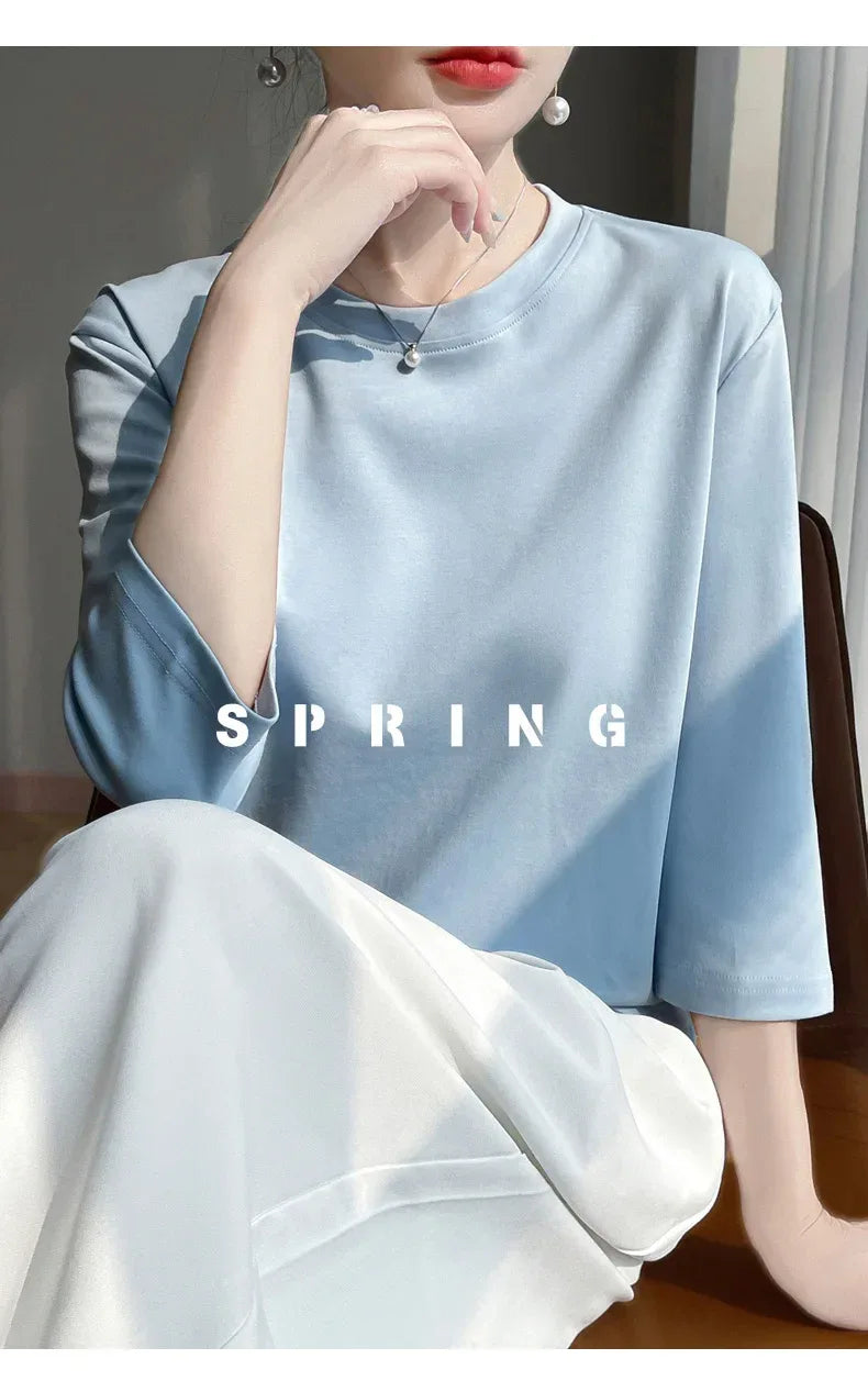 Mercerized Cotton Cropped Sleeve Female Spring And Summer 2023 New Round Neck Loose 100% Cotton Short Sleeve Bottoming T-Shirt