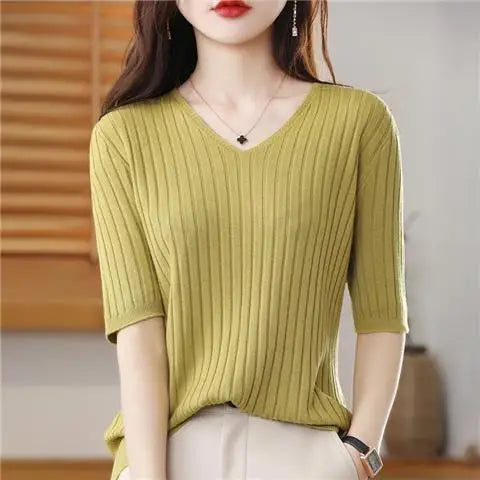 2025 New Spring Summer New Women's V-neck Short-Sleeved Exquisite Cashmere Knitted Sweater Pullover Solid Color