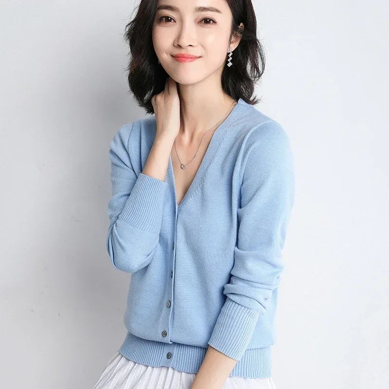 Women Cardigans V-neck Long Sleeve Knitted Outerwear Solid Thin Spring Autumn Sweaters Knitwears Korean Fashion Red Cardigans
