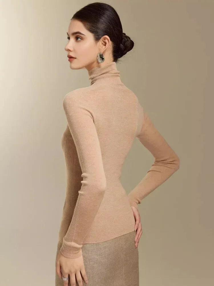 SuyaDream, Women Turtleneck Pullovers, 100%Merino Wool, High Collar, Whole Garment Sweaters, 2025 Fall Winter Slim Warm Top