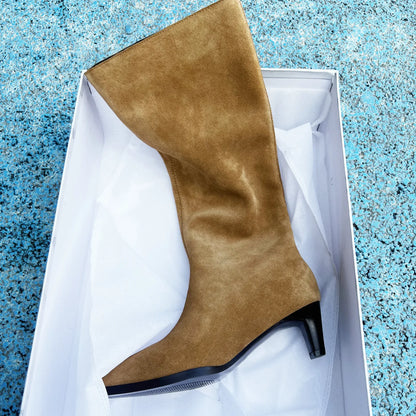 QUTAA Fashion Winter Women Knee High Boots Cow Suede Autumn Shoes Pointed Toe Buckles Chunky High Heels Motorcycle Boots 34-43