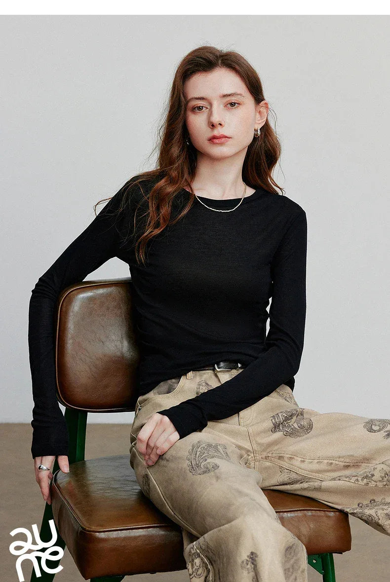 TOYOUTH Women T-shirt  2025 Autumn New Slanted Hem Lyocell Wool Slim Fit Long Sleeve Base Tops