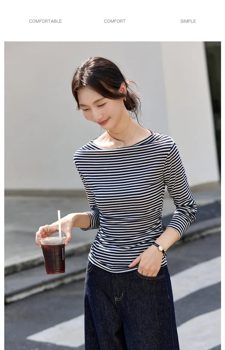 VIMLY Tops Woman 2025 Autumn French Slash Neck Long Sleeve Ladies T-shirts Casual Knitted Slim Fit Strecth Female Tees A3039