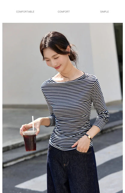 VIMLY Tops Woman 2025 Autumn French Slash Neck Long Sleeve Ladies T-shirts Casual Knitted Slim Fit Strecth Female Tees A3039