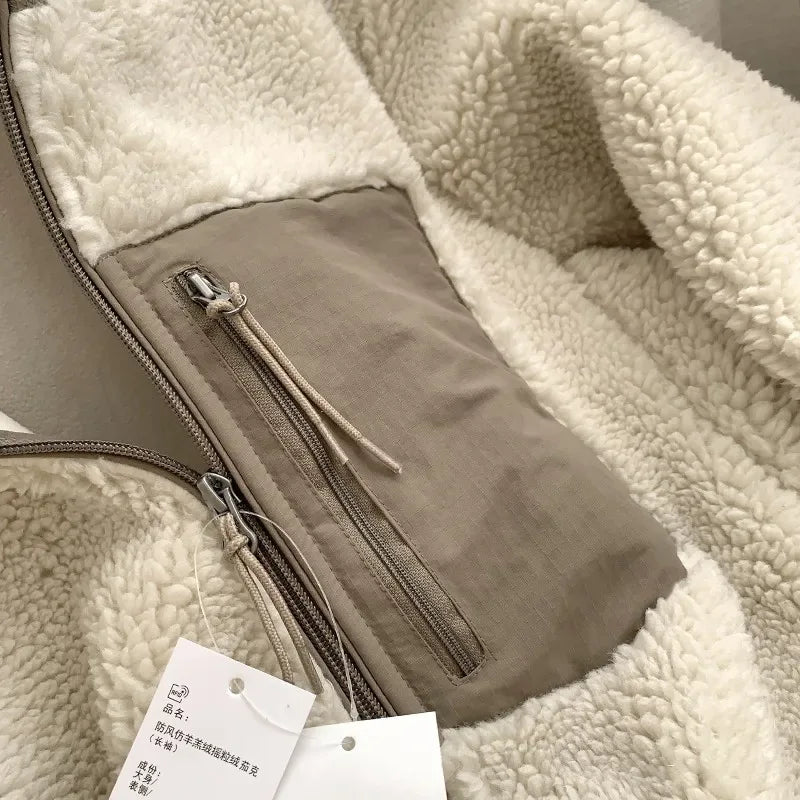 Autumn and Winter Japanese Men's and Women's Fleece Stand Neck Jacket Couple Zipper Loose Warm Lamb Wool Coat Solid Color Jacket