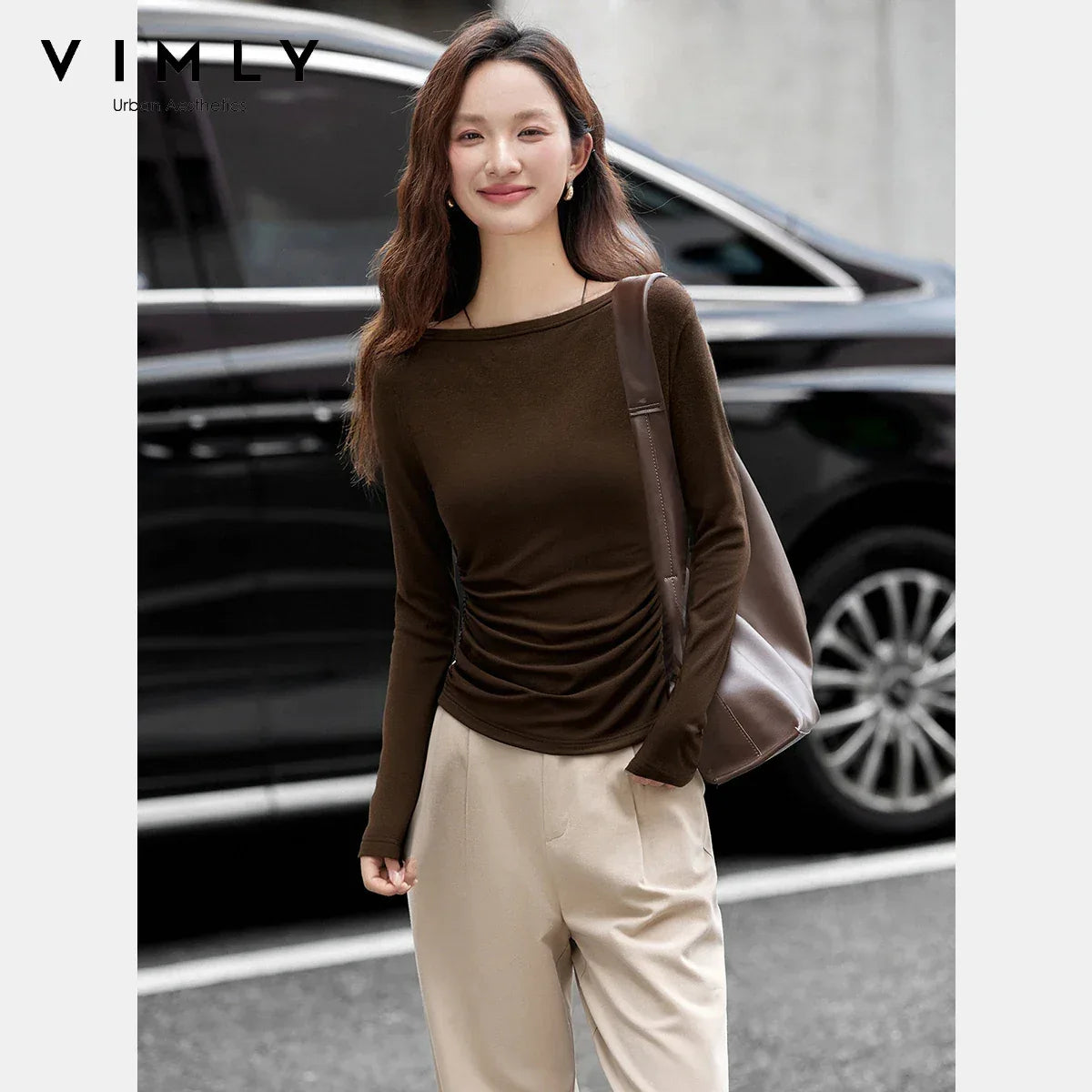 VIMLY Tops Woman 2025 Autumn French Slash Neck Long Sleeve Ladies T-shirts Casual Knitted Slim Fit Strecth Female Tees A3039