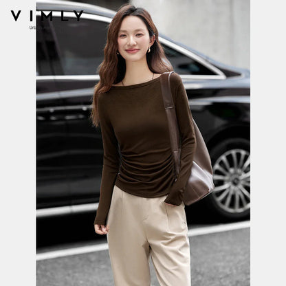 VIMLY Tops Woman 2025 Autumn French Slash Neck Long Sleeve Ladies T-shirts Casual Knitted Slim Fit Strecth Female Tees A3039