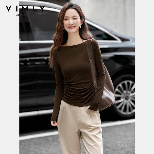 VIMLY Tops Woman 2025 Autumn French Slash Neck Long Sleeve Ladies T-shirts Casual Knitted Slim Fit Strecth Female Tees A3039