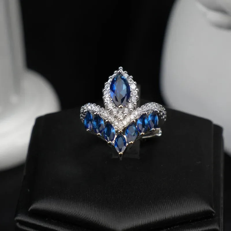 Premium and exquisite crown shaped design water droplet sapphire rings for women luxurious wedding silver 925 blue ring jewelry