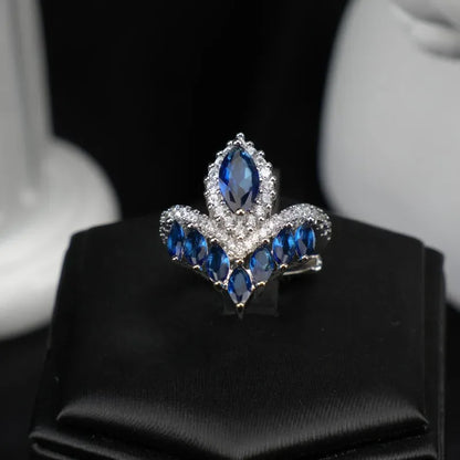 Premium and exquisite crown shaped design water droplet sapphire rings for women luxurious wedding silver 925 blue ring jewelry