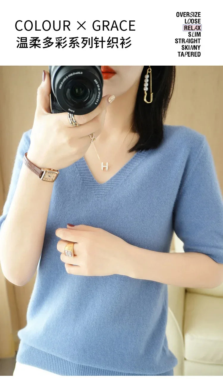 Spring/Summer 2025 Ladies Sweater Pullover Solid Color V-neck Half-sleeved Knitted Cashmere Sweater Thin Casual Top