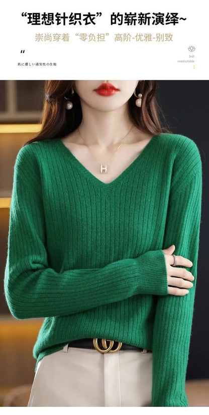 Chic Casual Autumn Winter Basic Sweater Pullovers Women V-neck Solid Knit Loose Pullover Female Long Sleeve Warm Khaki Sweater