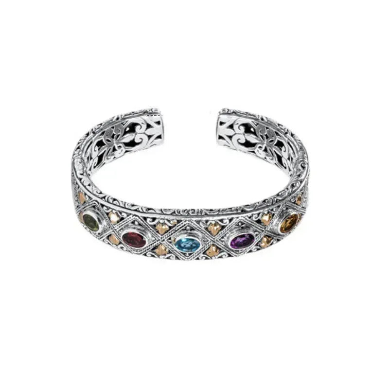 925 Silver Luxury Inlaid Colored Gemstone Bracelet Fashionable Wedding Fine Couple Bangles Jewelry Gift for Girlfriend