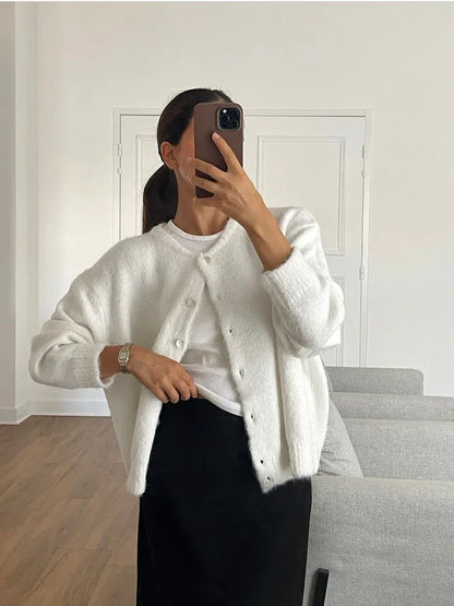 Hirsionsan Elegant Long Sleeve Sweater Women 2024 New Single-Breasted Female Casual Cardigan Soft Cashmere Knitted Outwear