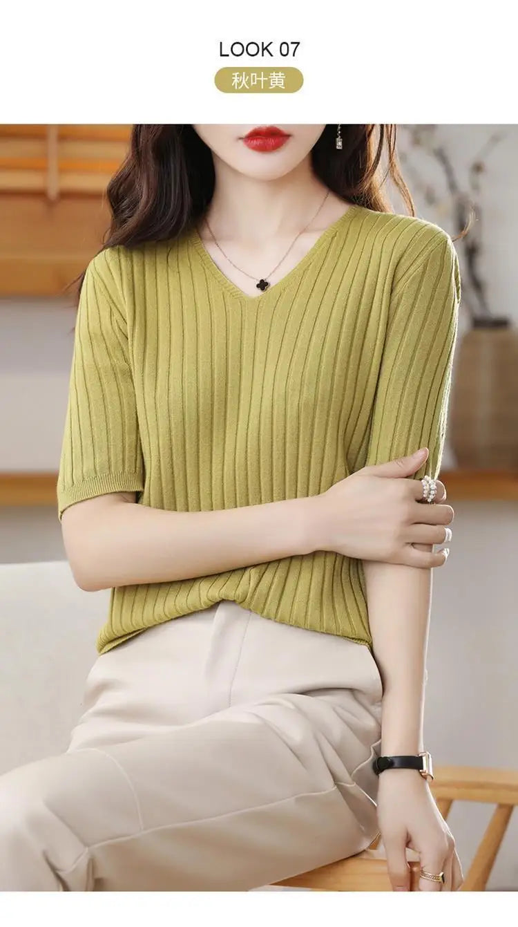 2025 New Spring Summer New Women's V-neck Short-Sleeved Exquisite Cashmere Knitted Sweater Pullover Solid Color