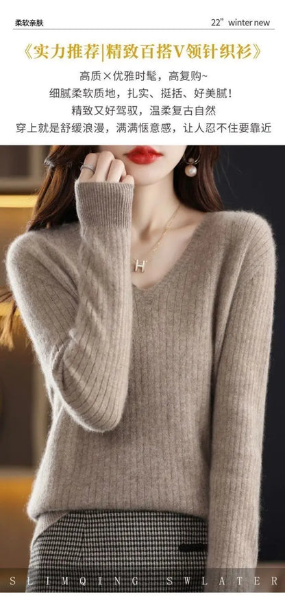 Chic Casual Autumn Winter Basic Sweater Pullovers Women V-neck Solid Knit Loose Pullover Female Long Sleeve Warm Khaki Sweater